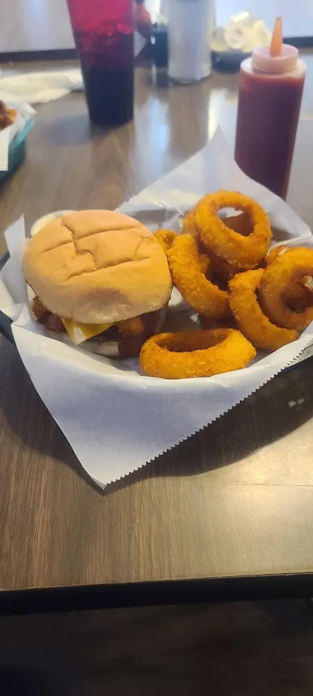 Bronco Burger and Onion Rings